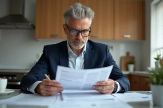 Homme d'âge moyen lisant un document d'assurance dans la cuisine