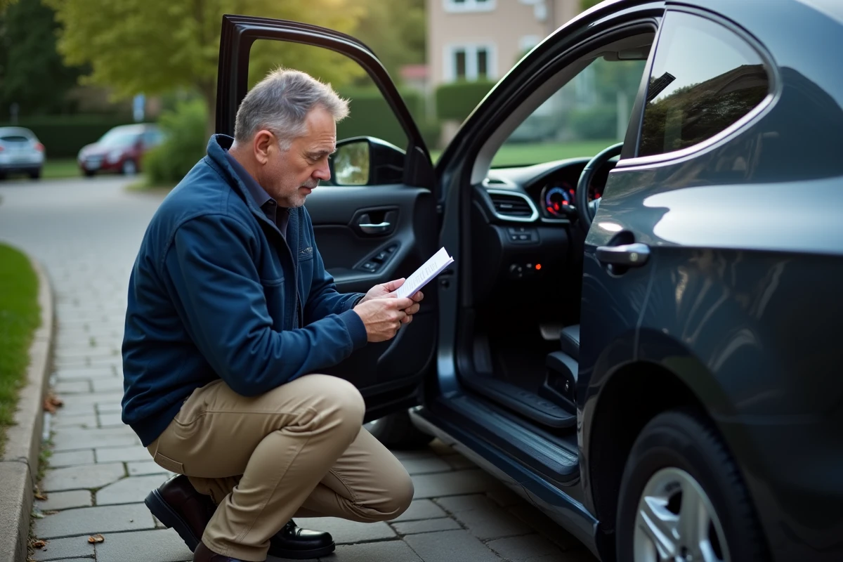 Homme consulte le manuel de la voiture près du véhicule