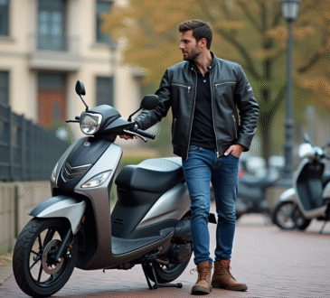 Homme contemplant une moto 50cc en ville