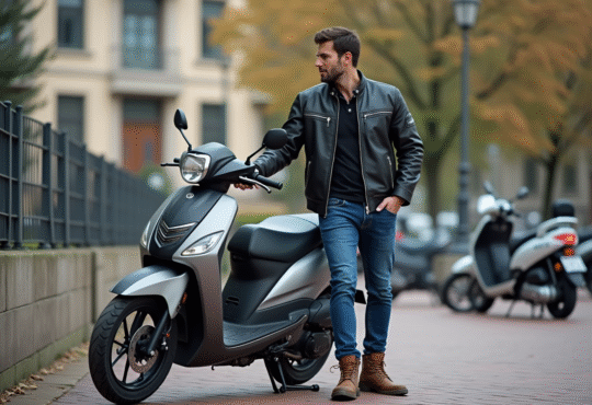 Homme contemplant une moto 50cc en ville