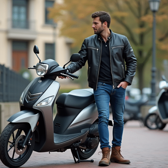 Homme contemplant une moto 50cc en ville