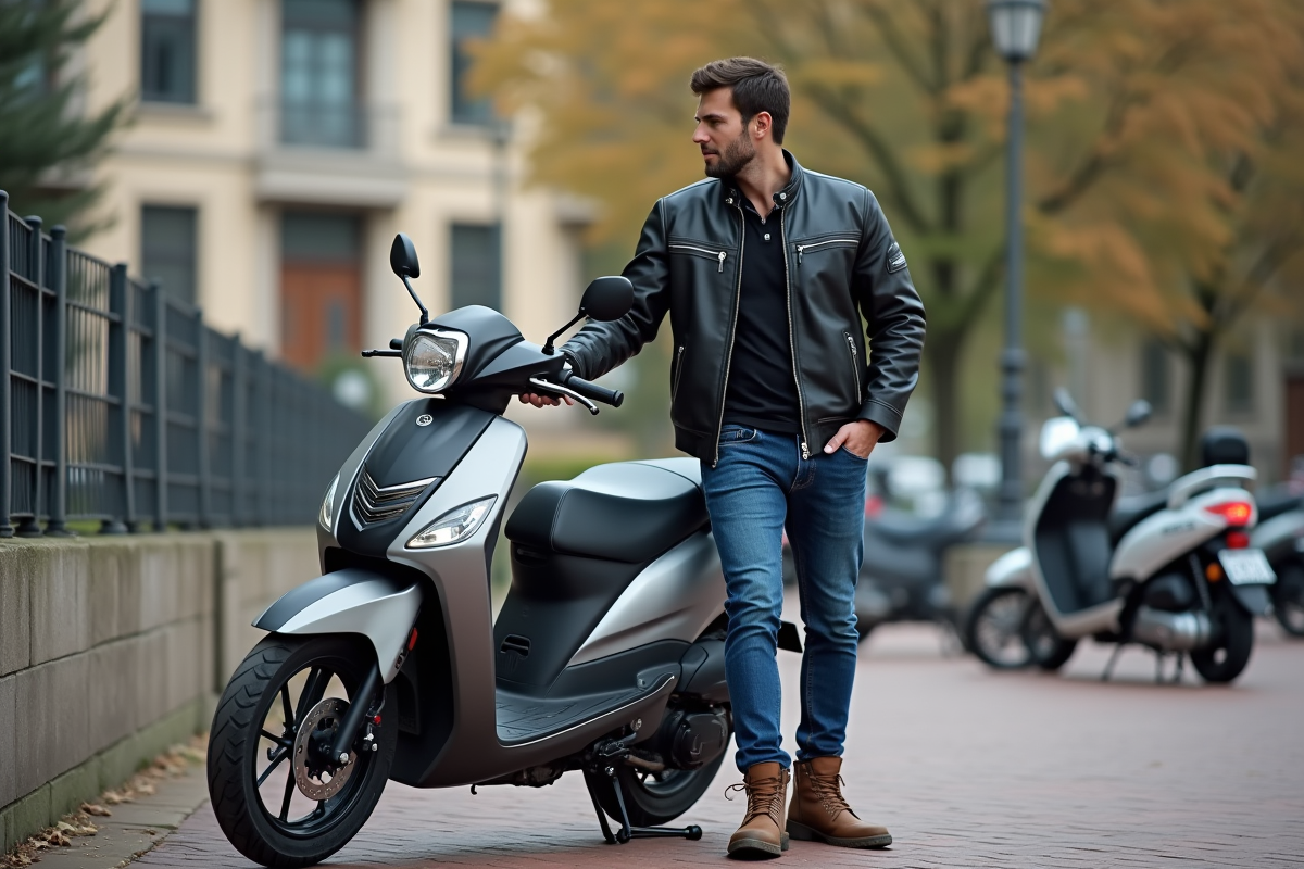 Homme contemplant une moto 50cc en ville