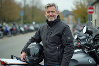 Homme français en équipement moto avec moto en parking