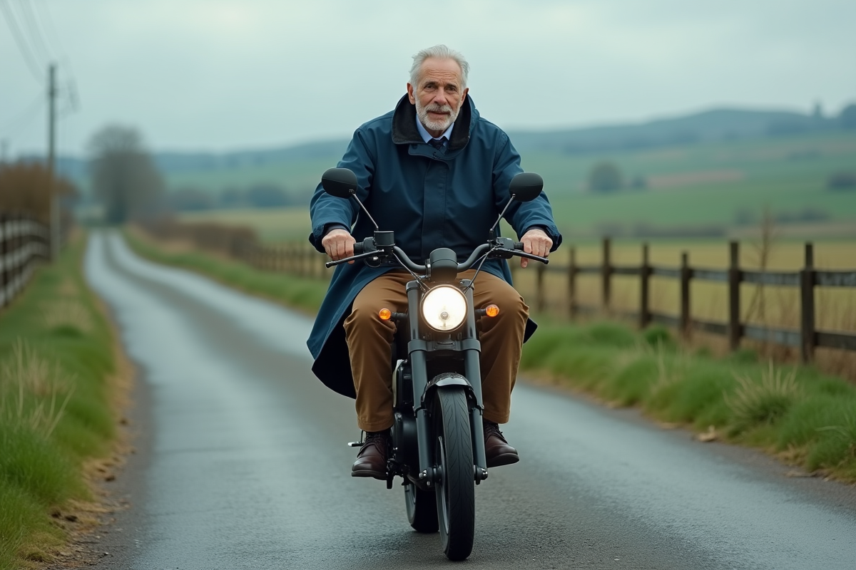 Homme âgé en moto électrique dans un paysage rural