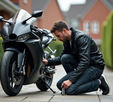Homme en moto sécurisant un traceur sur une moto moderne