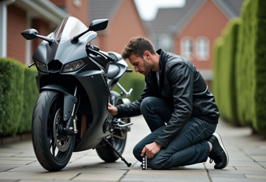 Homme en moto sécurisant un traceur sur une moto moderne