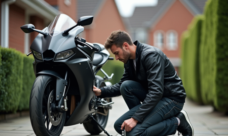 Homme en moto sécurisant un traceur sur une moto moderne