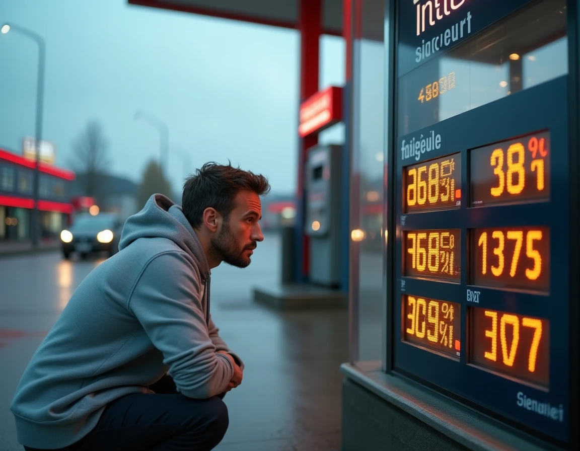 Homme lisant le panneau d'affichage des prix du carburant à la station-service Intermarché