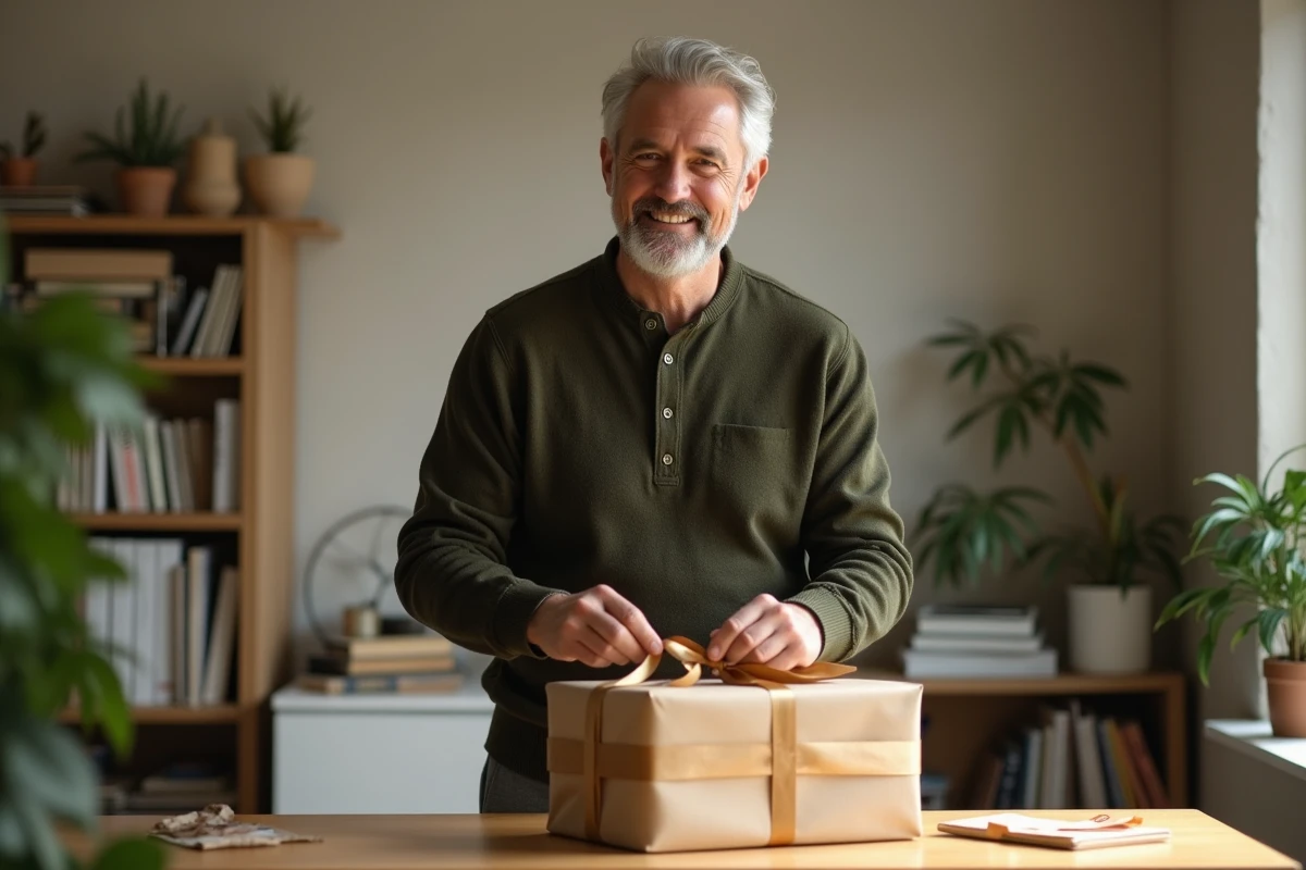 Homme souriant préparant un coffret cadeau emballé dans du papier kraft avec un ruban satiné pour offrir un cadeau de permis de conduire fait maison