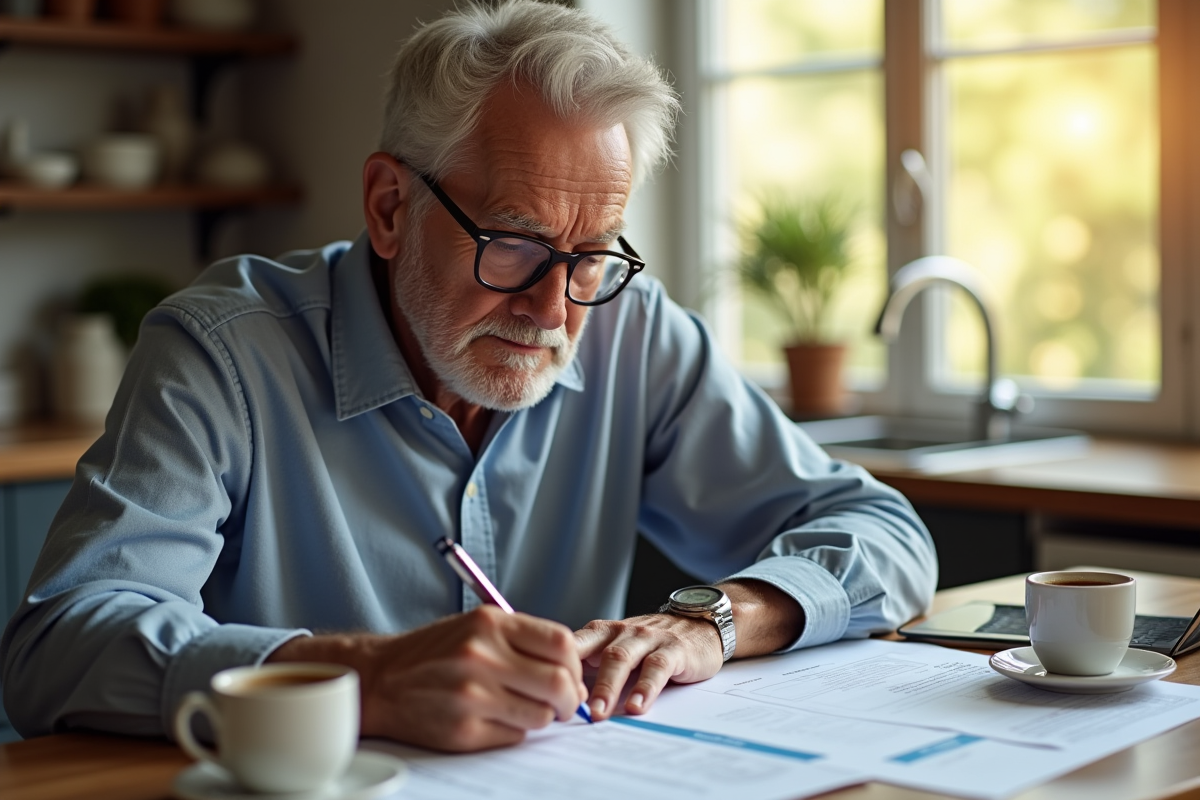 Homme âgé remplissant formulaires de permis à la maison