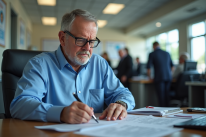 Homme d'âge moyen remplissant un formulaire de permis