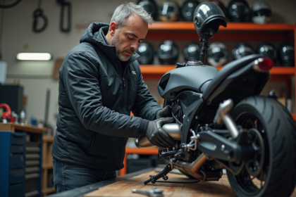 Homme en équipement moto retire un échappement en métal dans un garage organisé