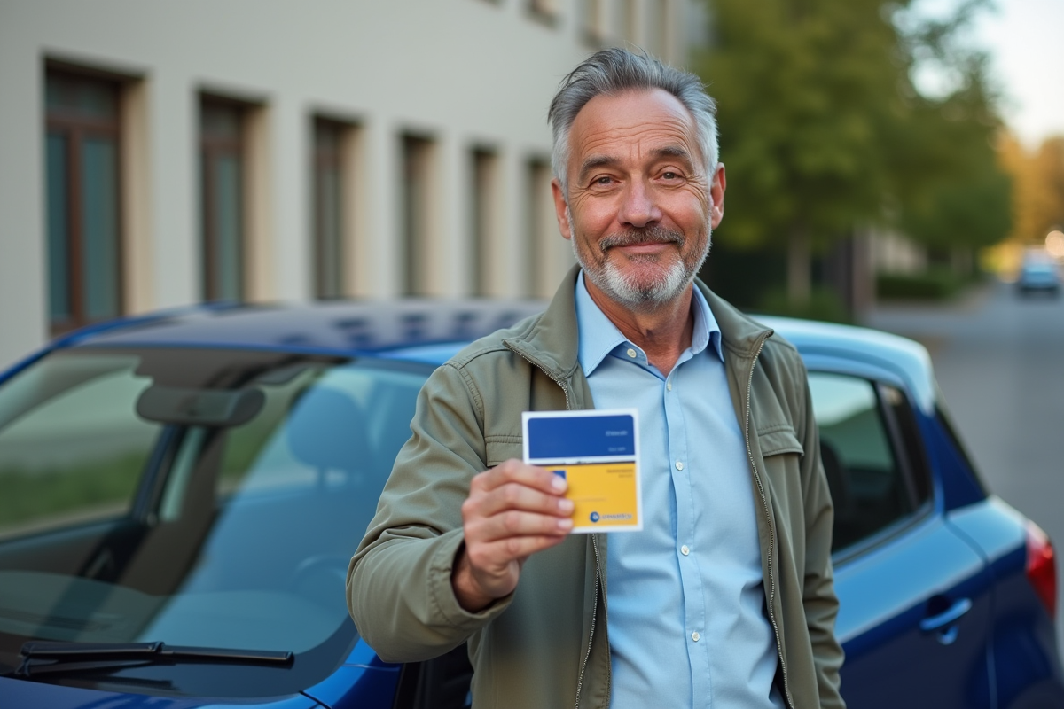 Homme souriant tenant sa carte grise devant sa voiture