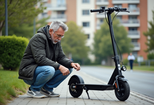 Homme examinant la batterie d’un scooter électrique en extérieur