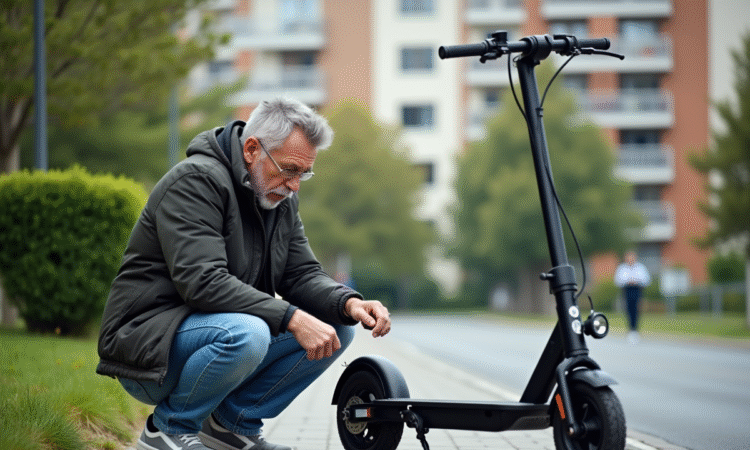 Homme examinant la batterie d’un scooter électrique en extérieur