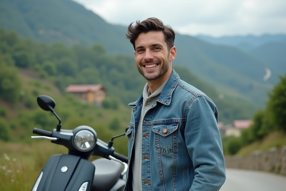 Homme souriant avec scooter dans un paysage verdoyant