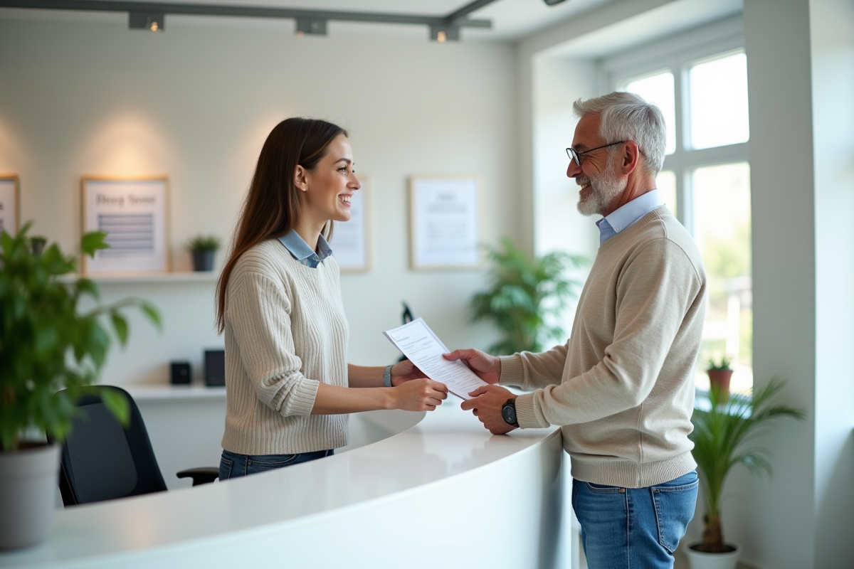 Homme remettant un document à un agent d assurance