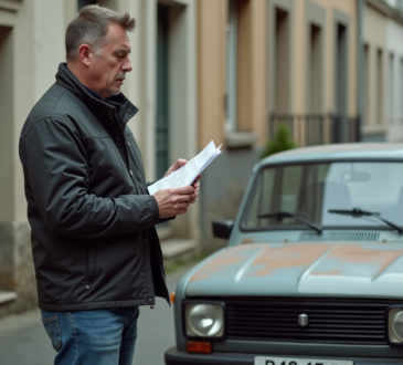 Homme inquiet devant une vieille voiture dans un quartier résidentiel