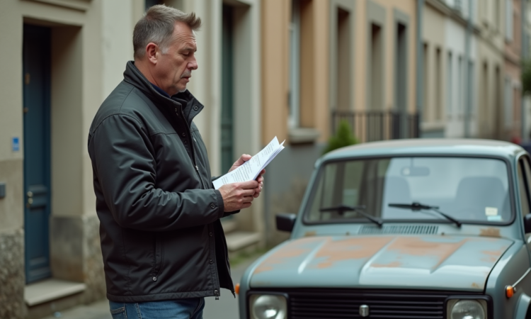 Homme inquiet devant une vieille voiture dans un quartier résidentiel