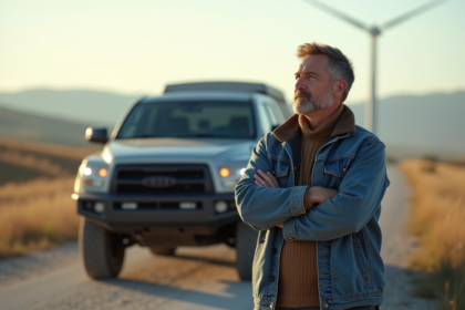 Homme d'âge moyen près d'un SUV diesel en pleine nature