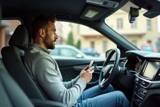 Homme en voiture familiale moderne utilisant son smartphone