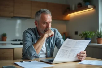 Homme d'âge moyen examine un document d'immatriculation voiture