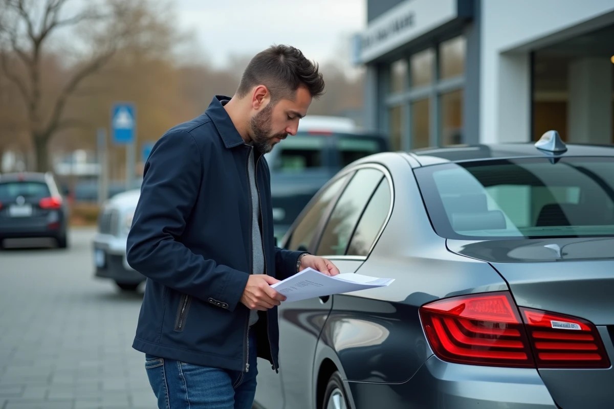 Homme examinant des documents près d'une BMW 5 Series