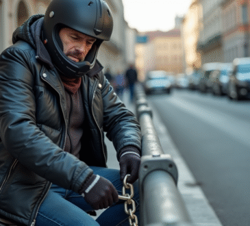 Homme d'âge moyen verrouillant sa moto en ville
