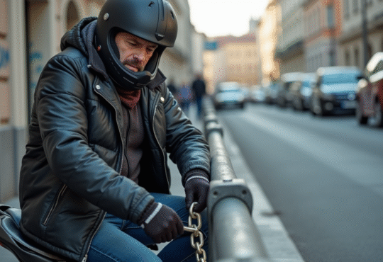 Homme d'âge moyen verrouillant sa moto en ville