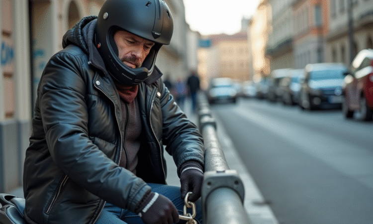 Homme d'âge moyen verrouillant sa moto en ville