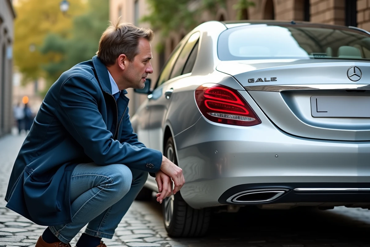 Homme d'âge moyen examine la plaque d'immatriculation d'une voiture