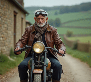 Homme âgé en tenue vintage sur une moto ancienne en campagne