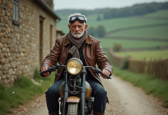 Homme âgé en tenue vintage sur une moto ancienne en campagne