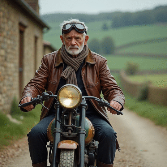 Homme âgé en tenue vintage sur une moto ancienne en campagne