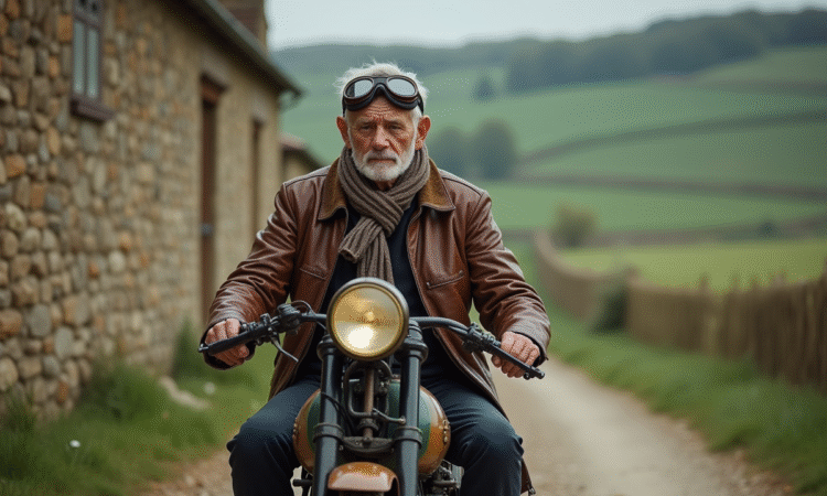 Homme âgé en tenue vintage sur une moto ancienne en campagne