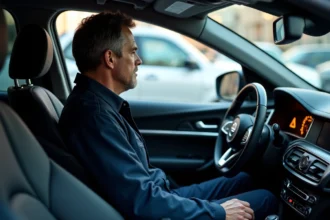 Homme en combinaison examine le tableau de bord avec alerte frein
