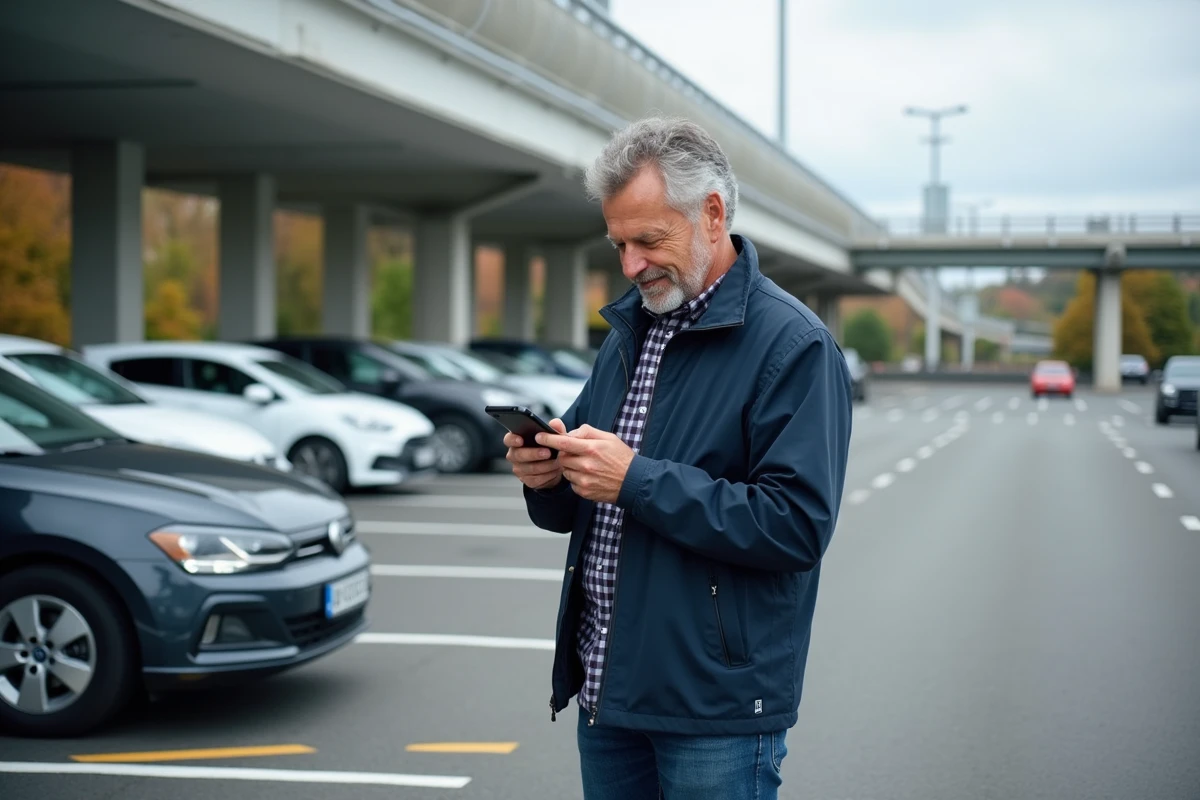 Homme d'âge moyen vérifiant une application de covoiturage près de sa voiture