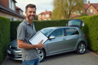 Homme souriant avec une Volkswagen Golf 7 dans une cour résidentielle