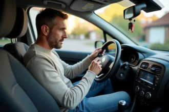 Homme d'âge moyen examinant le radio dans une Renault Clio