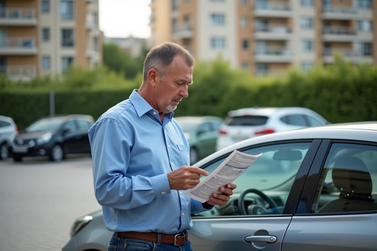 Homme examinant brochures de location devant une petite voiture urbaine