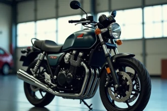 Honda CB 900 garée avec documents de carte grise posés sur la selle dans un garage administratif