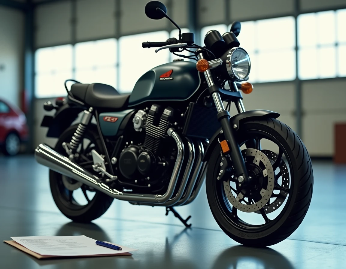 Honda CB 900 garée avec documents de carte grise posés sur la selle dans un garage administratif