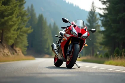 Honda CBR 1000 F rouge et blanche garée sur une route de montagne sinueuse entourée de pins