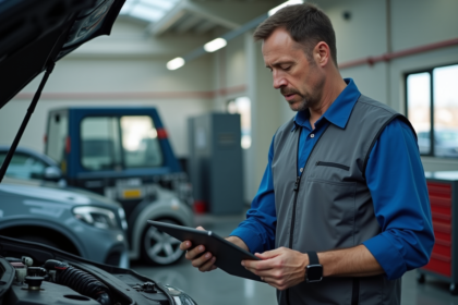 Inspecteur automobile examinant un moteur dans un centre de contrôle