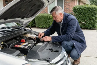 Homme inspectant la batterie de sa voiture avant un long trajet en 2026