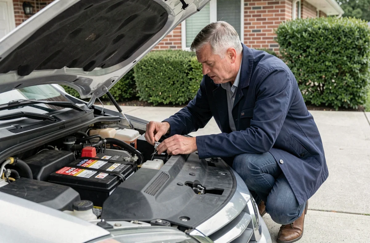Homme inspectant la batterie de sa voiture avant un long trajet en 2026