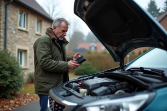 Homme inspectant le moteur d'une Peugeot par un matin froid