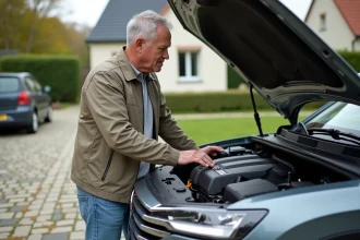 Homme inspectant le moteur d'un SUV moderne dans une allée résidentielle