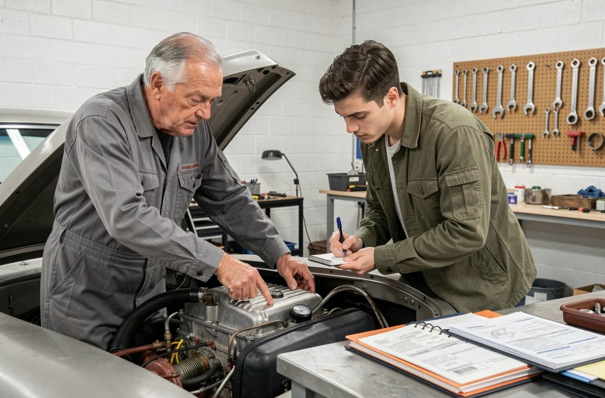 Mécanicien et acheteur inspectant le moteur original d'une voiture de collection dans un garage privé