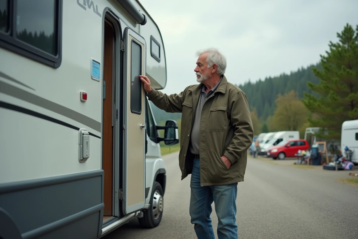 Homme d'âge moyen inspectant un camping-car d'occasion